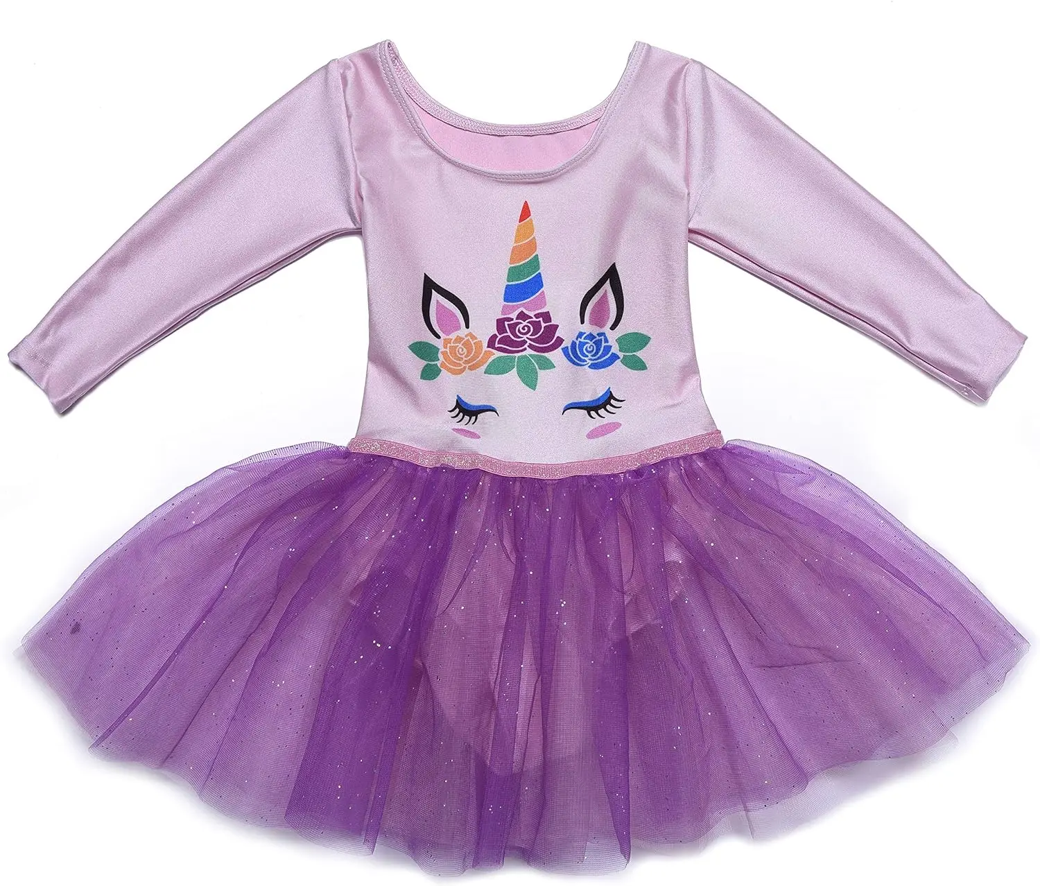 Girls’ 3/4 Sleeve Leotard Dance Ballet Dress Kids’ sparkle Tutu Skirt and Waistband