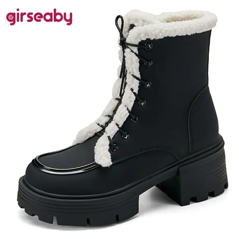 

Girseaby Winter Warm Ankle Boots Round Toe Thick Heels 6.5cm Platform Lace Up Plush Big Size 41 42 43 Leisure Daily Short Bota