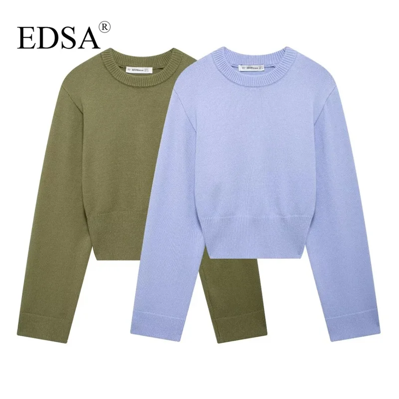 EDSA Women Solid Cropped Knitted Sweater Pullovers Vintage O-Neck Long Sleeves Female Chic Lady Tops