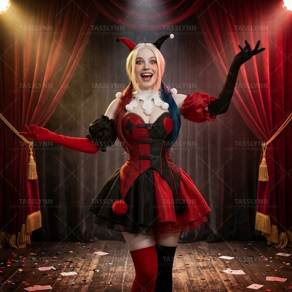 Conjunto de Disfraz de Quinn, Vestido Mini de Payaso Rojo y Negro, Disfraz de Supervillana para Halloween, Comic Con, Disfraz de Payaso Dulce