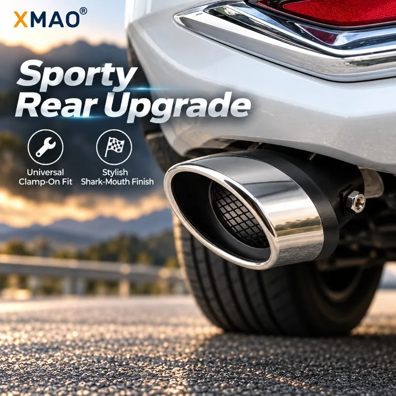XMAO Stainless Steel Exhaust Tip 2.5in Inlet Universal Shark Mesh Silver Black Car Tailpipe Cover Straight Bent Style Trim