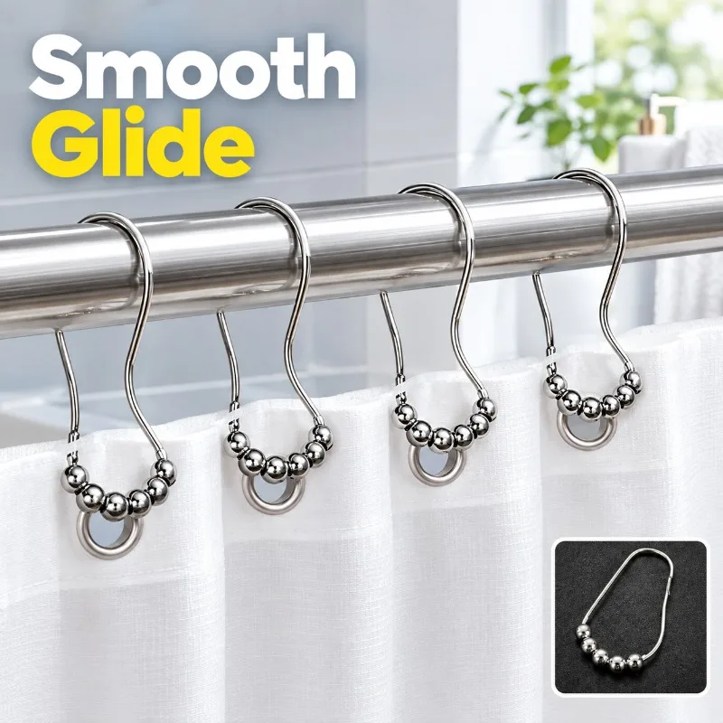 Curtain Rod Rings Roller Ball Hooks, Smooth‑Sliding Round Eyelet Rings, Universal Hanging Hooks for Bathroom Shower Curtain Door