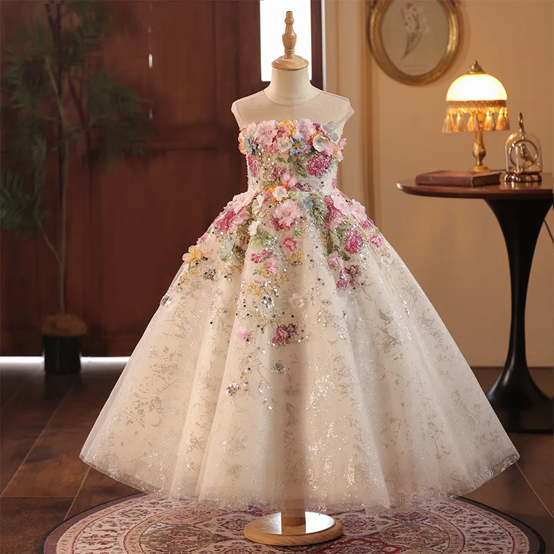 Maßgeschneidertes Blumenmädchenkleid Hochzeitskleid Geburtstagskleid 3D Blumen-Pailletten Besticktes Tüll Prinzessinnen-Ballkleid für kleine Mädchen