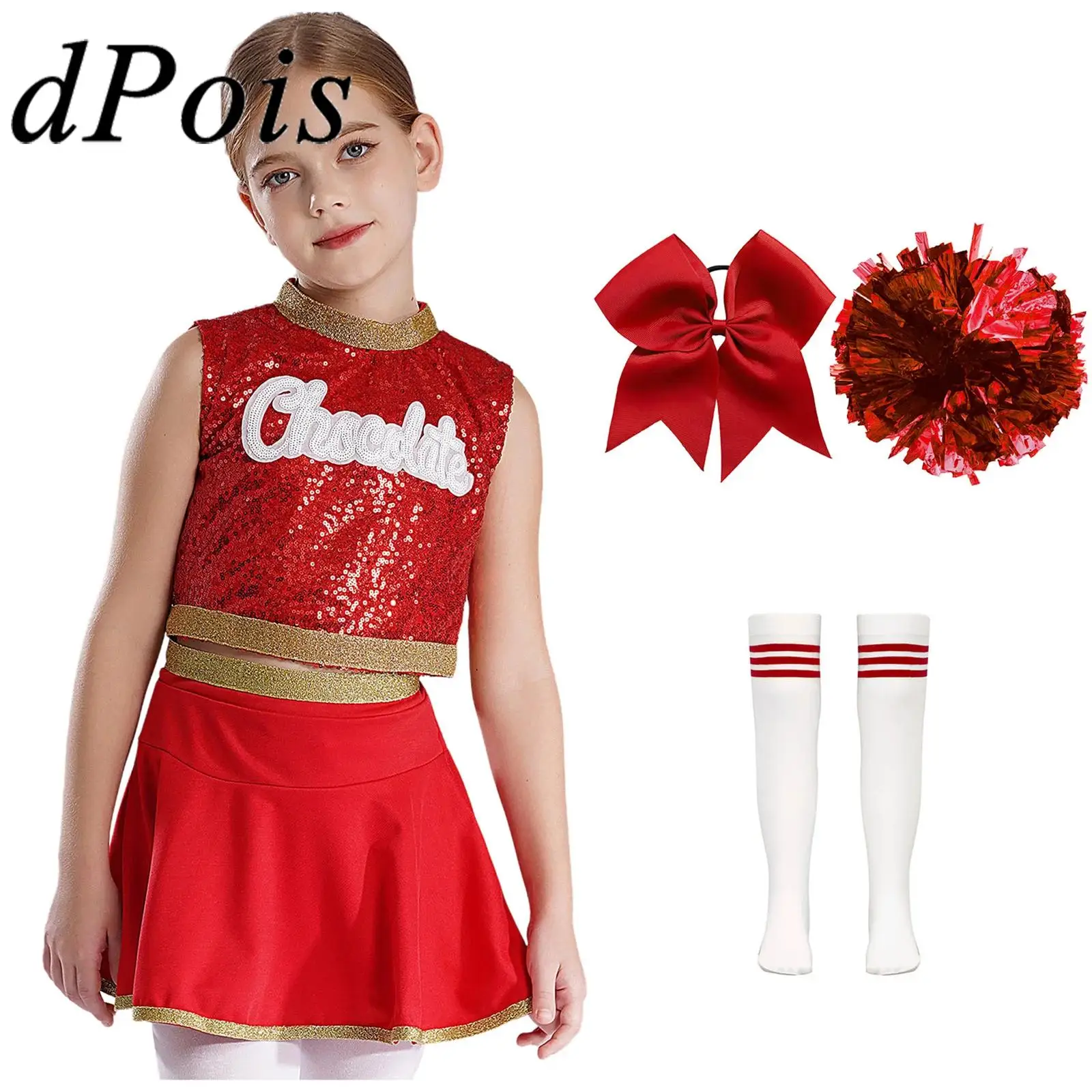 

Kids Girls Cheerleading Outfit Cosplay Cheerleader Costumes Jazz Dance Performance Wear Sequins Tops with Skirt Flower Balls