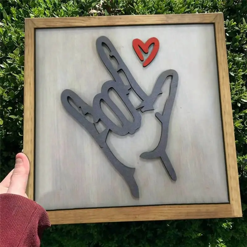 AT21-I Love You Sign Language Wooden Sign - Rustic Farmhouse Decor, Artistic Wall Hanging For Home Decoration