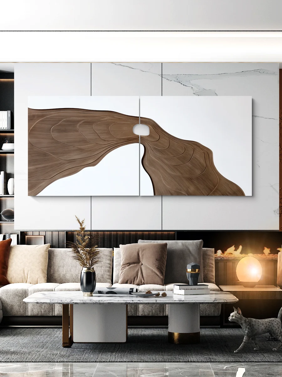 

Living room sofa background wall decoration painting, high-end atmospheric mural, wood carving hanging painting