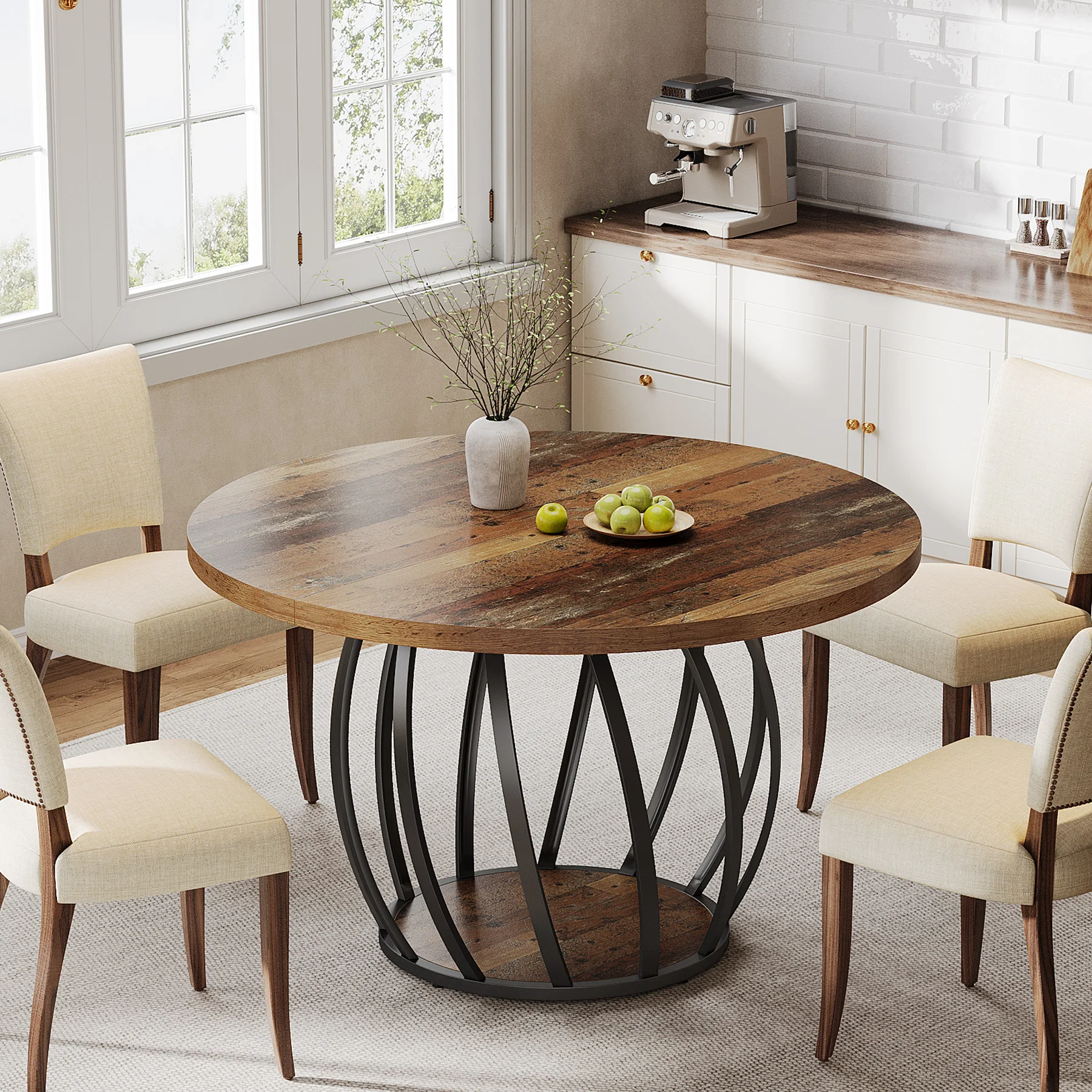 طاولة طعام مستديرة من Tribesigns، مقاس 46 بوصة (118 سم) طاولة مطبخ خشبية مع قاعدة معدنية قوية تتسع لـ 4-6 أشخاص، بني ريفي