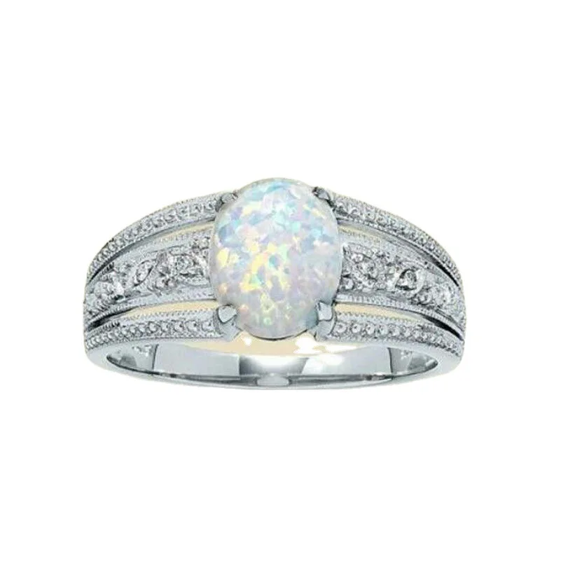 Best Selling White Egg Shaped Opal Ring Luxury Carved Diamond Engagement Ring for European and American Women