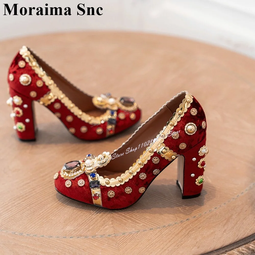 Court Style Red Suede Crystal Metal Decor Pumps Chunky High Heel Women Shoes Slip-On Pointed Toe 2024 Runway Zapatos Para Mujere