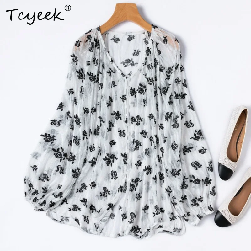 Tcyeek 100% Real Mulberry Silk Woman Tops 2026 Summer Embroidery Semi-transparent Sun-protective Shirt Woman Clothing Ropa Mujer