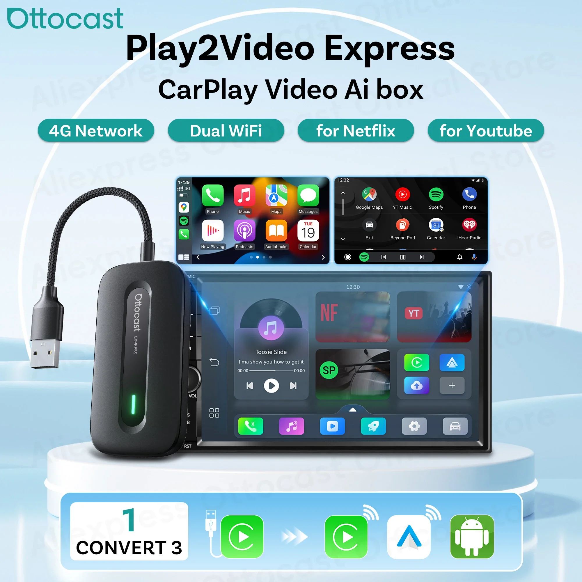 OTTOCAST Play2Video Express Wireless CarPlay Android Auto Adapter TV AI Box for Youtuber Car Accessories for Benz Mazda VW Audi