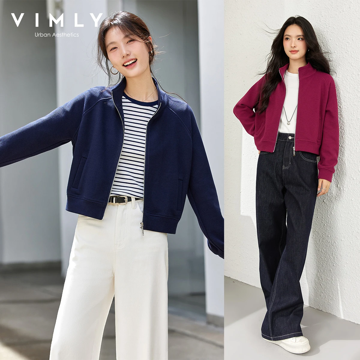 

VIMLY Woman Sweatshirt Jackets Autumn 2026 Casual Office Wear Long Sleeve Stand Collar Zip up Ladies Coats Women Clothing A2037