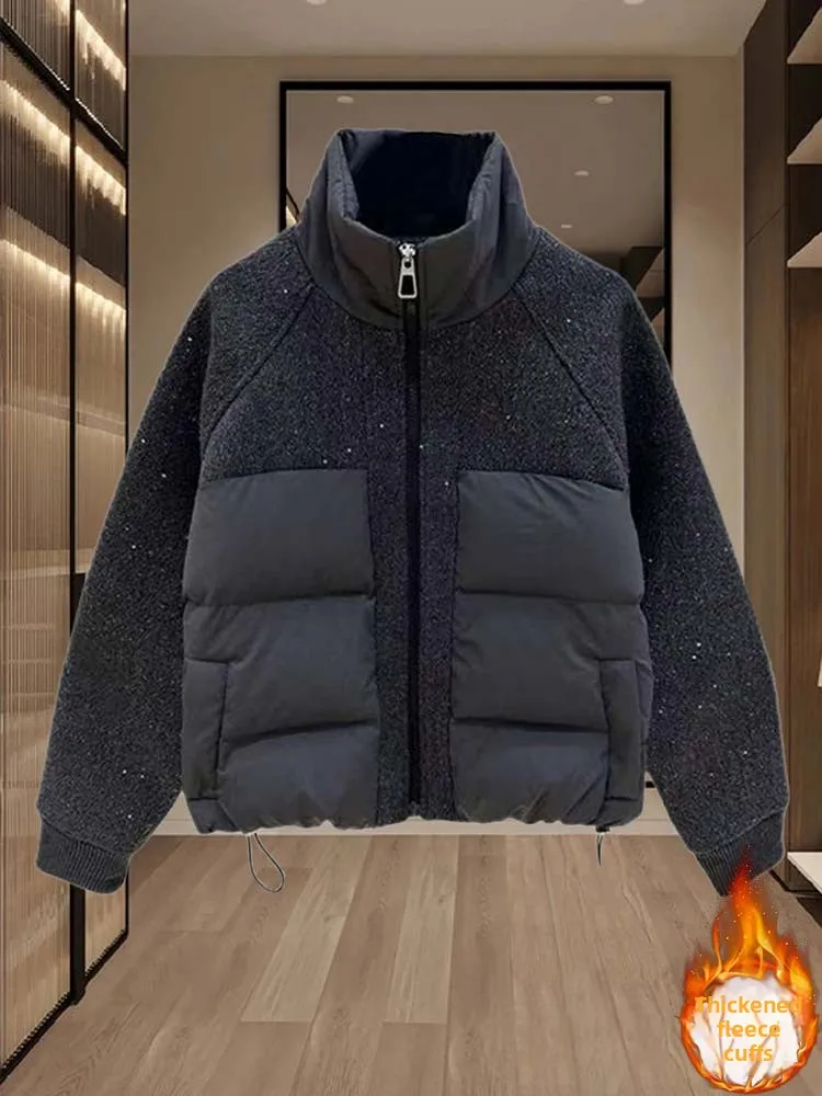 

Premium Thiened Splicing Stand Collar Women's Cotton Jaet Autumn Winter New Sle Korean Sle Versatile Cotton Coat