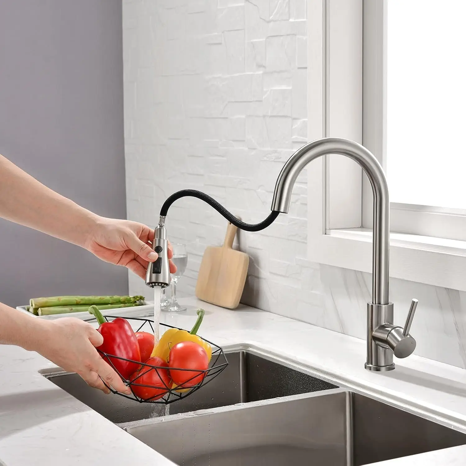 Kitchen sink faucet with pull-down spray head, suitable for RV, laundry room, bar, providing efficient cleaning