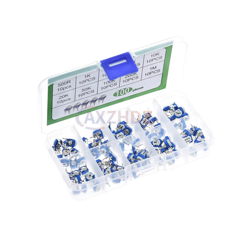 100PCS RM065 Trimmer Potentiometer Kit 500R 1K 2K 5K 10K 20K 50K 100K 200K 1M Variable Resistors Potentiometers RM-065