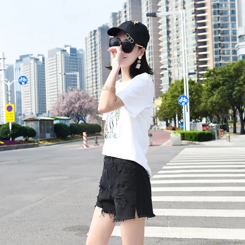 Ripped Holes Denim Shorts Fashion New Summer Women High Waist Wide Leg Jeans Short Junior Casual Loose Raw-Edge Student Clothing