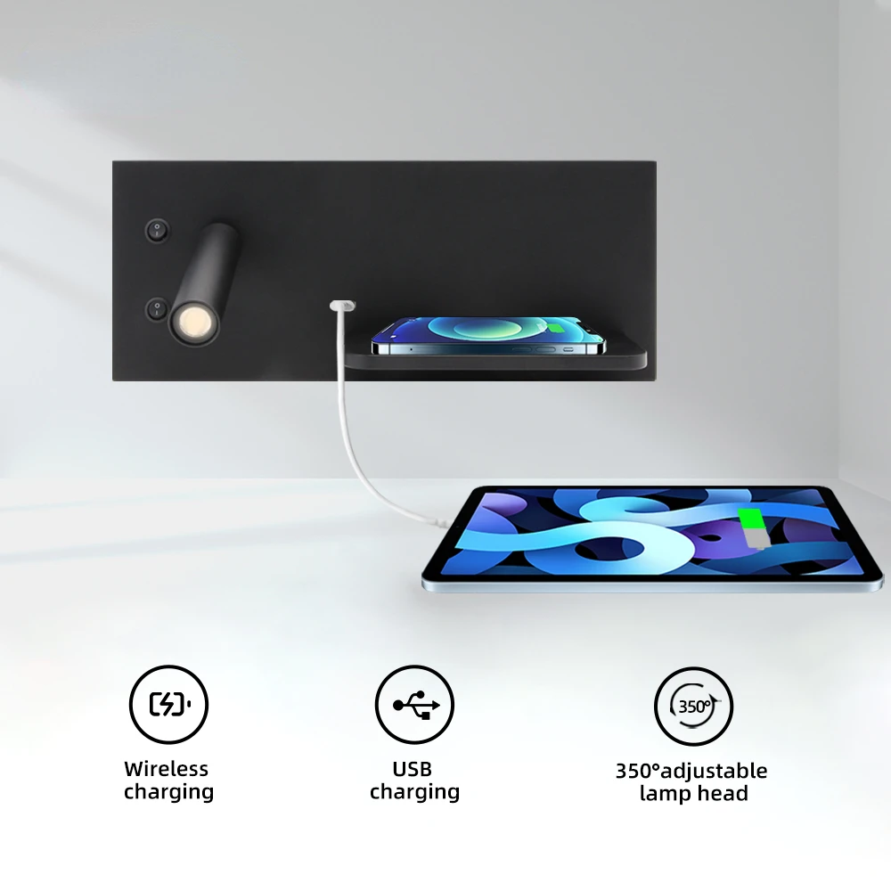SANDYHA USB Carregamento Sem Fio Moderna Lâmpada de Parede LED Luminária Interior para Leitura de Quarto e Noite Multifuncional