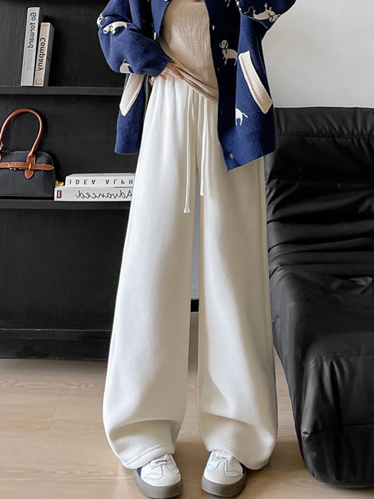 하이웨이스트 와이드 레그 팬츠 여성용 안감 있는 드레이프 루즈 캐주얼 롱 트라우저 가을 겨울 신상 슬림핏 따뜻한 팬츠