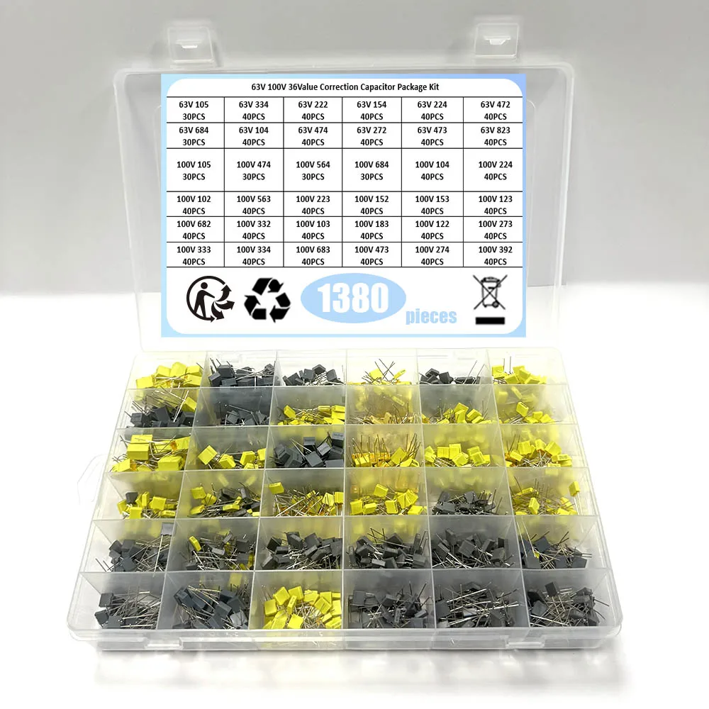 240Pcs Correction Capacitor Assorted Kit 24Values x 10Pcs 63V-100V 102J-105J Polypropylene Safety Plastic Film Capacitors