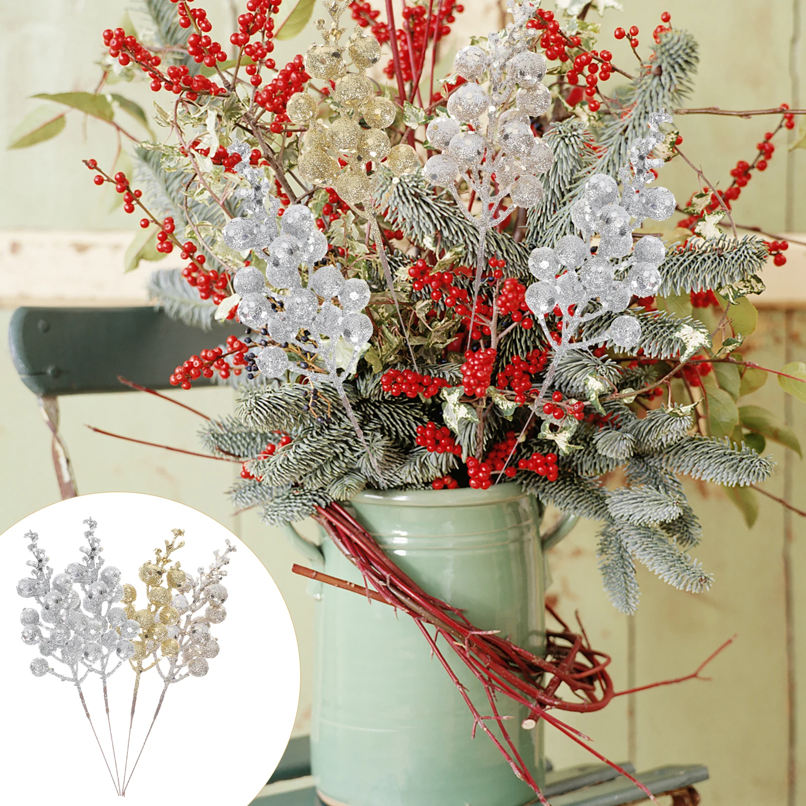 

12pcs Artificial Berry Branches Christmas Decorations Plants Stems Xmas Home Plastic Gold Tree DIY Bouquet Table Wreath