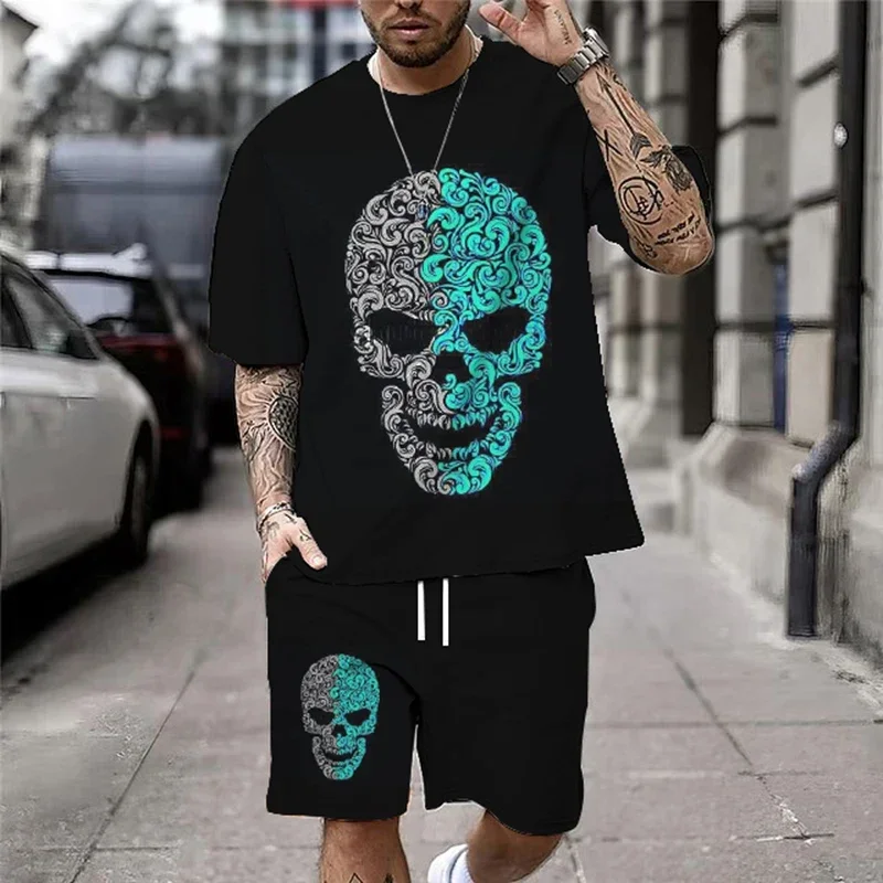 Men\'s Skull Print Tracksuit, Loose Set, Casual T-Shirt and Shorts, Summer Suit, New, 2022