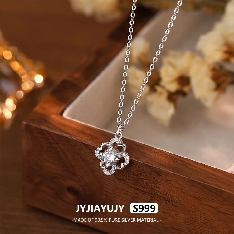 

JYJIAYUJY 100% Whole Original Pure Silver S999 45CM Necklace Chain Clover Style Full Zircon 15MM Pendant Fashion Jewelry JYN88