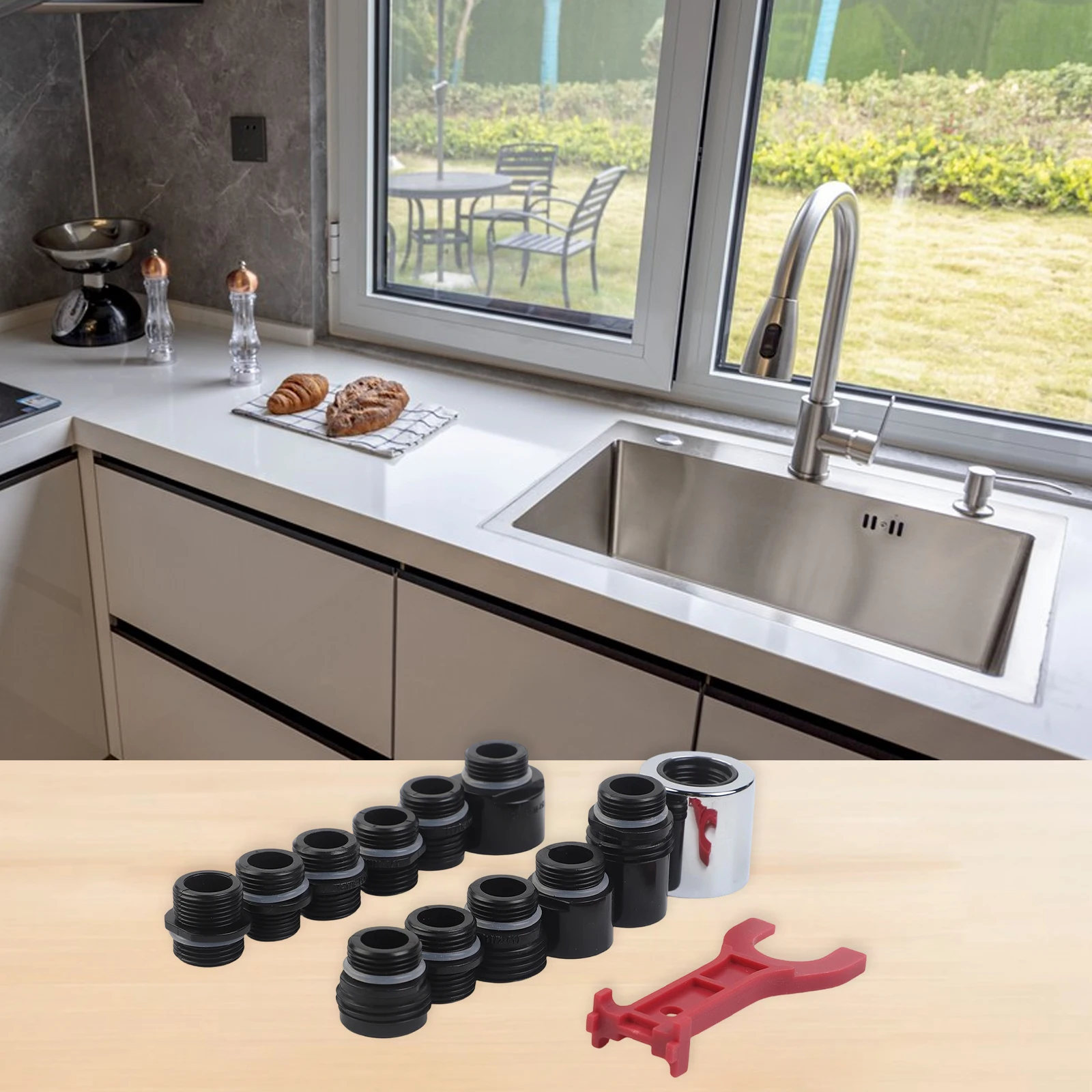 For Kitchen Faucet Pull Out Adapter Kit 12 Pieces Thread Connectors for Multiple Faucet Sizes Including G1 2 and 5 8 18UN