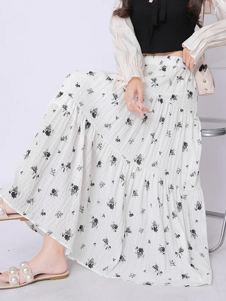 

SMTHMA Vintage Elegant Mid Length Floral Skirt For Women New Spring Summer High Waisted Slimming A-line Big Swing Umbrella Skirt