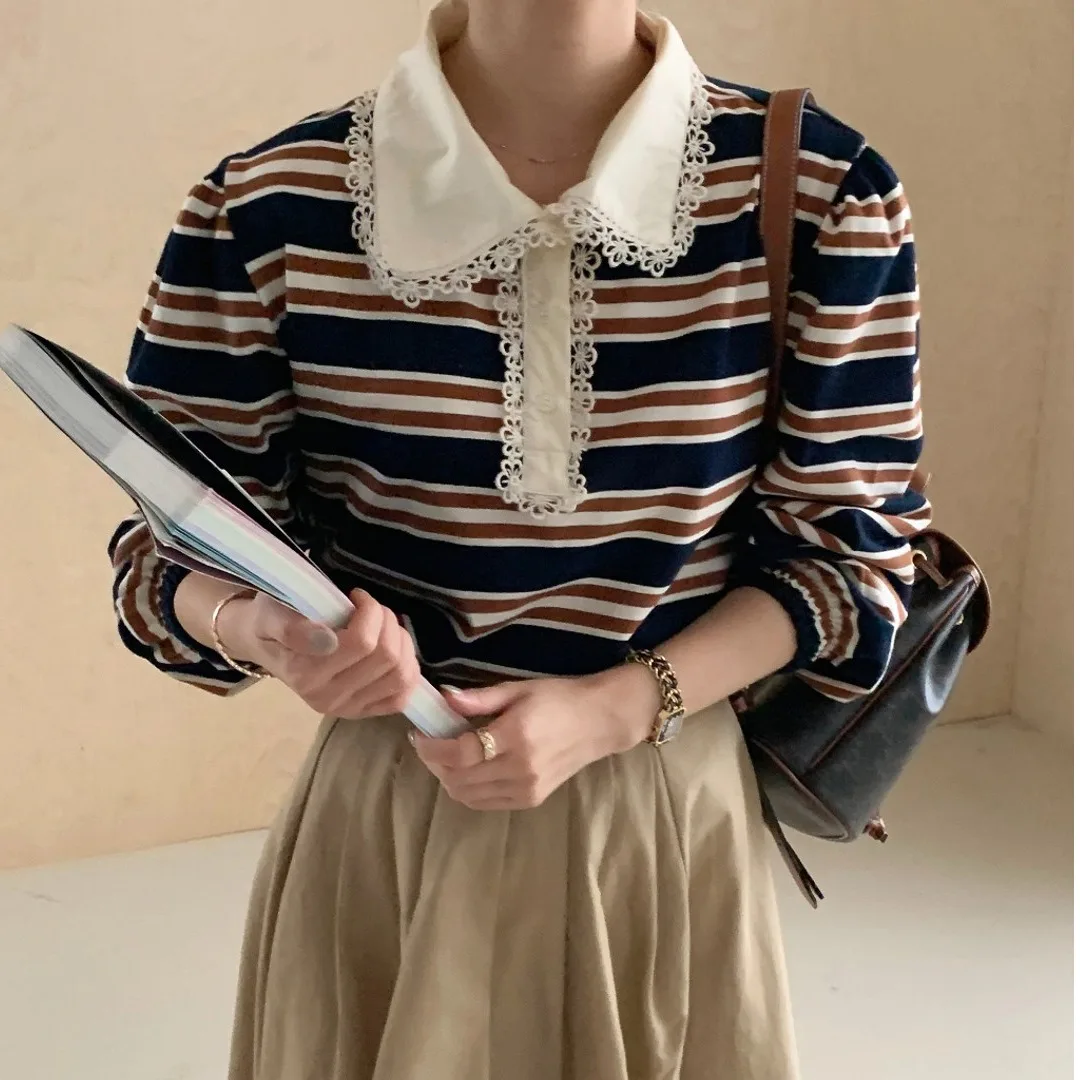 سترة نسائية فضفاضة طويلة بتصميم أنيق للخريف والشتاء وياقة مكشكشة ملونة بخطوط بلو ملابس خروج مريحة