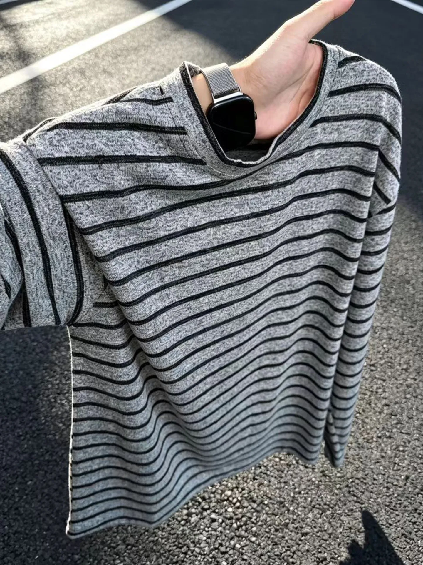 Retro American Color Block Striped Long Sleeve Men's T-shirt Loose Knitted Base Shirt Lazy Style round Neck Top for Autumn