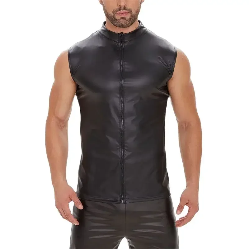 Men Punk Style Matte Black Patent Leather Shirt Summer Sleeveless Zipper Cardigan Blouse Male Slim Fit Stretch Tops Casual Vest