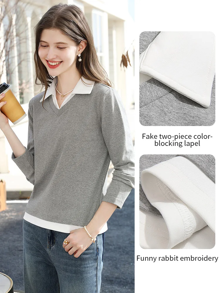 I BELIEVE YOU Women's Grey Fake Two-Piece T-Shirt 2025 Fall Winter Cotton Casual Tees Contrast Lapel Long Sleeve Top 2253016112