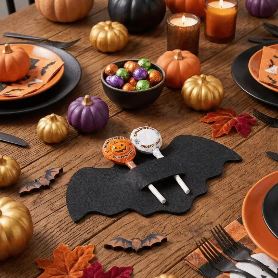 12pcs Halloween Bat Knife & Fork Covers, Polyester Cutlery Clips Placemats for Party Home Restaurant Decor
