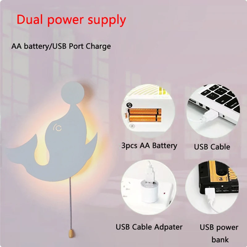 USB Port Charge AA Battery Operated Bedroom Bedside Wall Lamp With Zipper Switch Animal Design Star Children's Room Wall Light - view 6