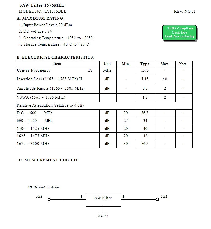(10PCS) TA1575BBB 코드 V9 새로운 오리지널 1575MHz 패키지 SMD SAW 필터 재고 있음