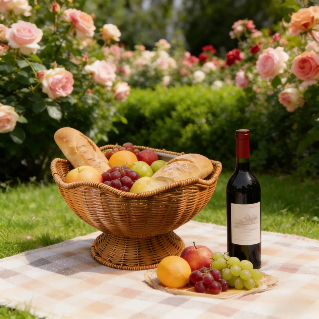 Hand Woven Scalloped Pedestal Imitation Rattan Fruit Bowl Elevated Serving Tray Coffee Table Decor Storage Basket for Snacks