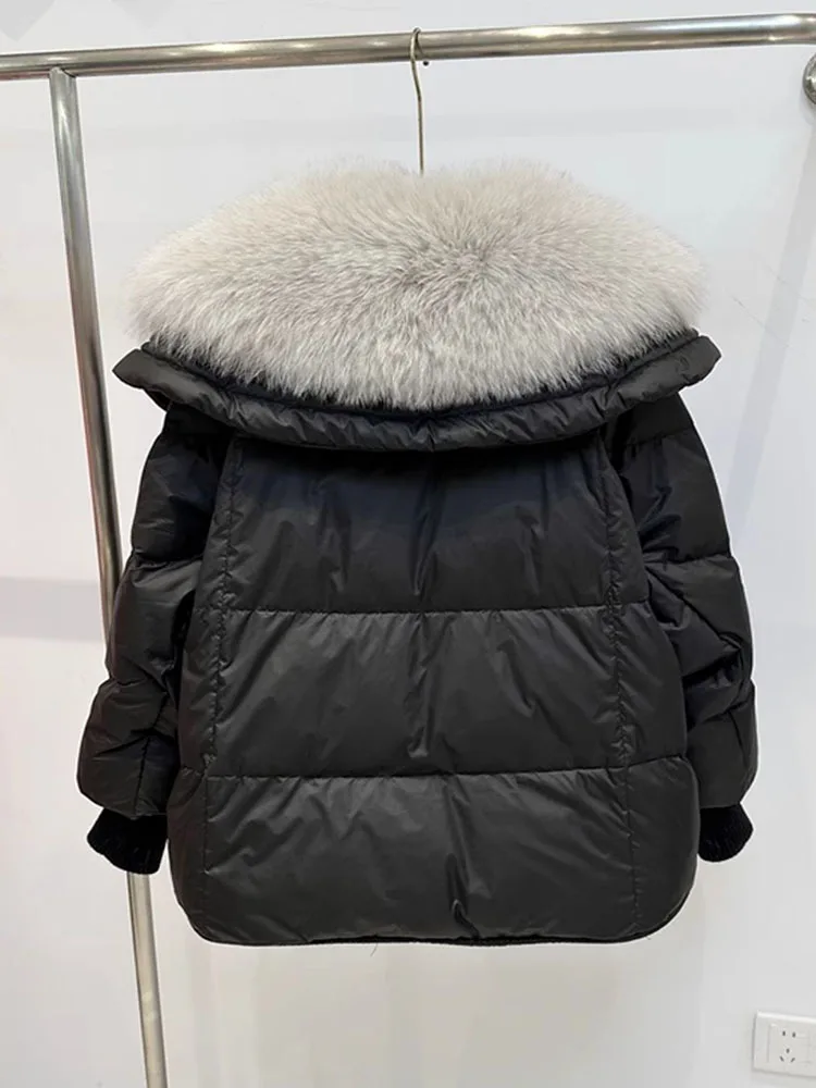 Chaqueta de invierno de piel Real para mujer, abrigo de plumón de ganso blanco, Cuello de piel de zorro de gran tamaño, piel grande, piel gruesa, cálida, nueva moda