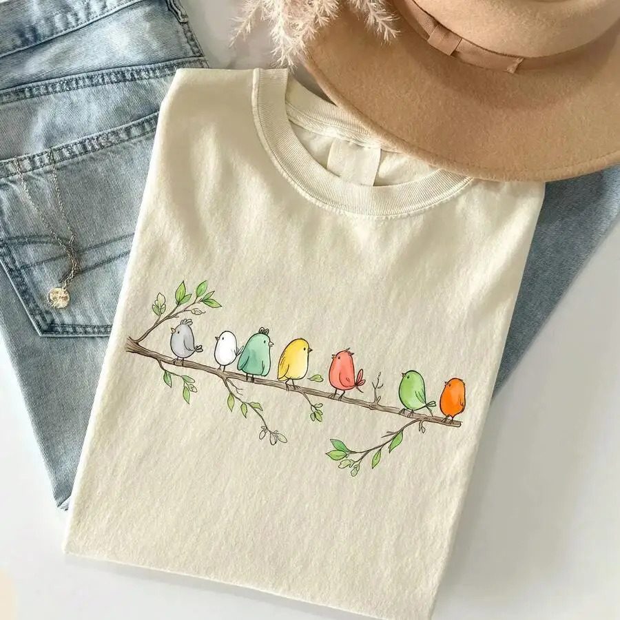 Women's Crew Neck Short Sleeve Summer Casual T‑Shirt Cute Birds On Branch Vintage Inspired Graphic Print Tee Top
