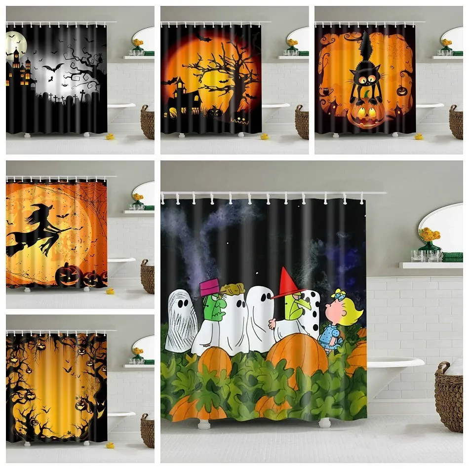 

Halloween Shower Curtains Party DIY Decoration Pumpkin Wizard Funny Cartoon Waterproof Polyester Bathroom Curtain Home Decor