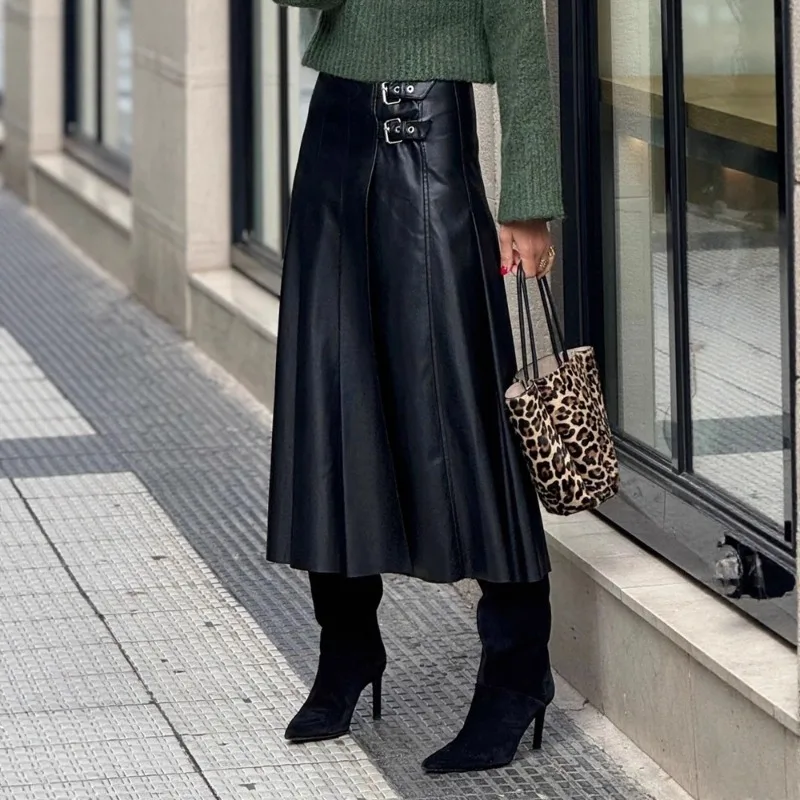 

Elegant Women Pu Leather A-Line Medi Skirts Sashe Belt Vintage Pleated Woman Office Lady Solid Long Skirts Washed Y2K Punk Chic