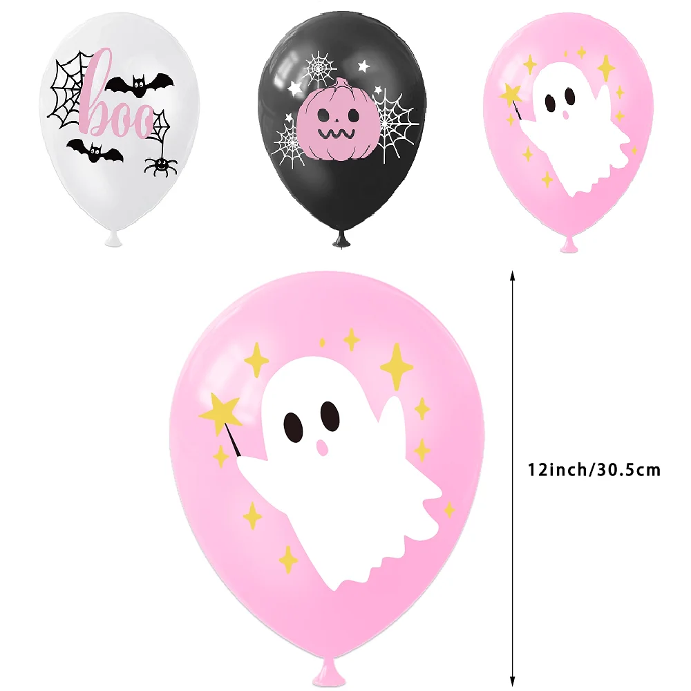 Pink Halloween Theme Party Supplies Boo Balloon, Halloween Pink Ghost Balloon, Pumpkin Spider Web Bat Balloon Set,12pcs