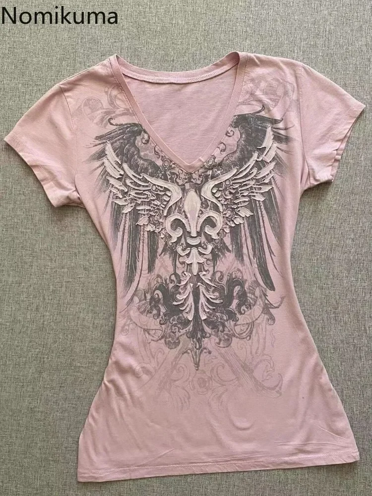 2024 Ropa Mujer Yaz Tişörtleri Kadınlar için V Yaka Kısa Kollu Tunik Camisetas Pembe Baskı Tees Kırpma Üstleri Rahat Şık Y2k T-shirt