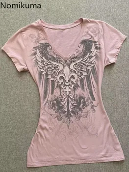 2024 Ropa Mujer Yaz Tişörtleri Kadınlar için V Yaka Kısa Kollu Tunik Camisetas Pembe Baskı Tees Kırpma Üstleri Rahat Şık Y2k T-shirt
