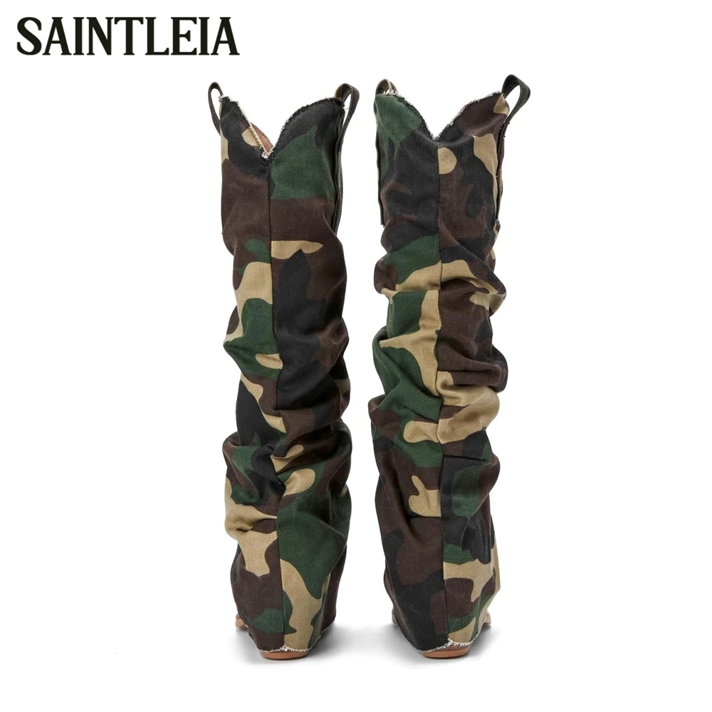 Camouflage Print Mid Heel Knee High Boots Camo Pattern Mid Length Cowboy Boots Pleated Details Pointed Toe Pull on Women's Boots