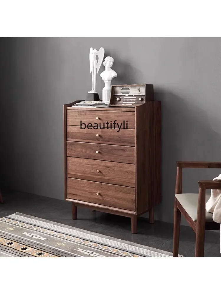 

zxqNorth America Черный орех с пятью ящиками, деревянный комод, простой современный скандинавский шкаф для хранения ящиков из чистого массива дерева