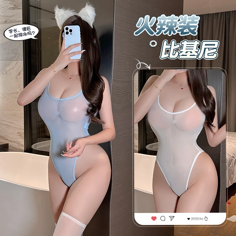 Ice Silk Shiny Sex body donna giapponese trasparente High Cut costume da bagno One Piece Lingerie Babydoll body senza maniche tuta