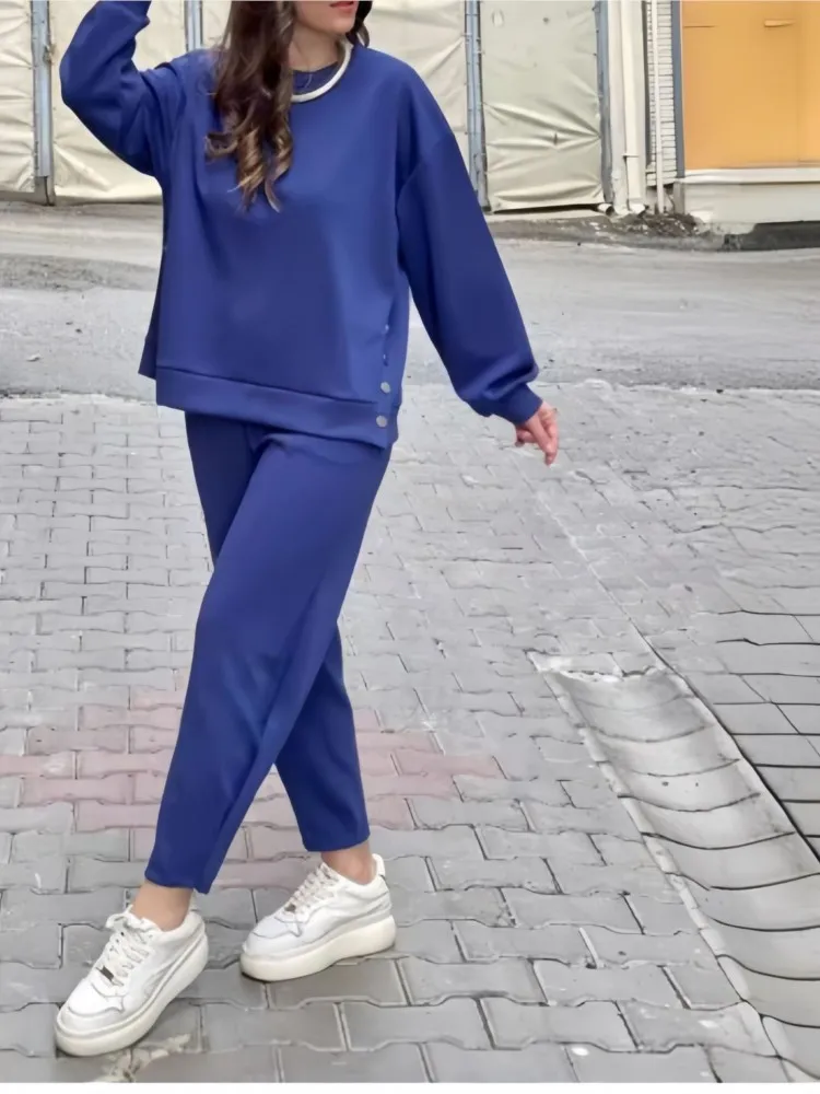 2025 outono inverno casual botão solto conjuntos de duas peças moda feminina novo o pescoço agasalho sweatshirts dividir topos calças compridas terno