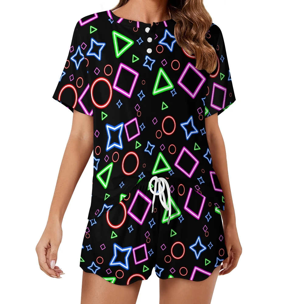 Multicolored Geometric Women's 2-Piece Button Down Short Sleeve Button Front Sleepwear Loungewear PJ Set Summer Home Suit