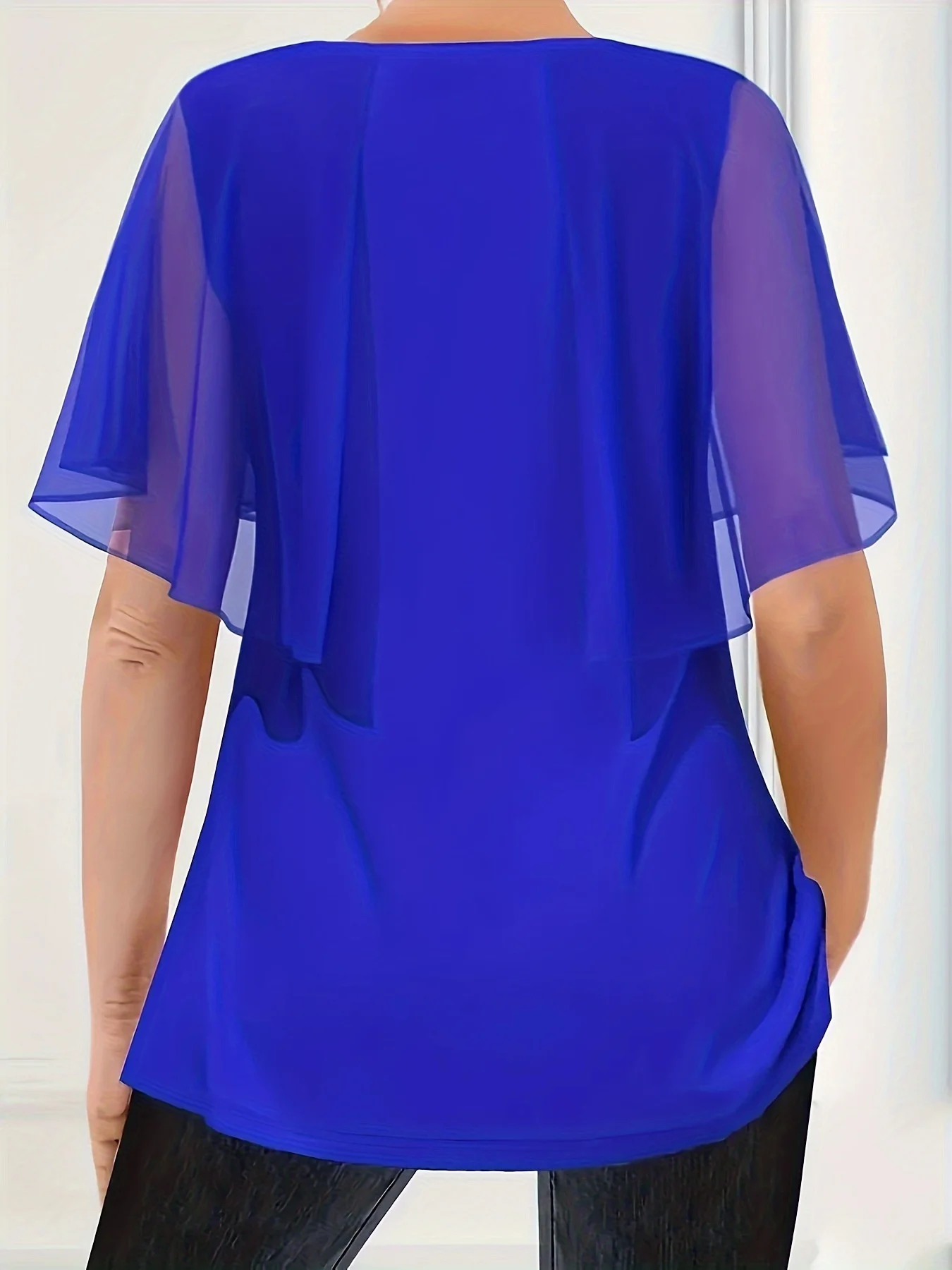 Women Chiffon Cape Sleeve Blouse Round Neck Metal Decor Keyhole Front Top Pockets Elegant Casual Office Shirts For Ladies
