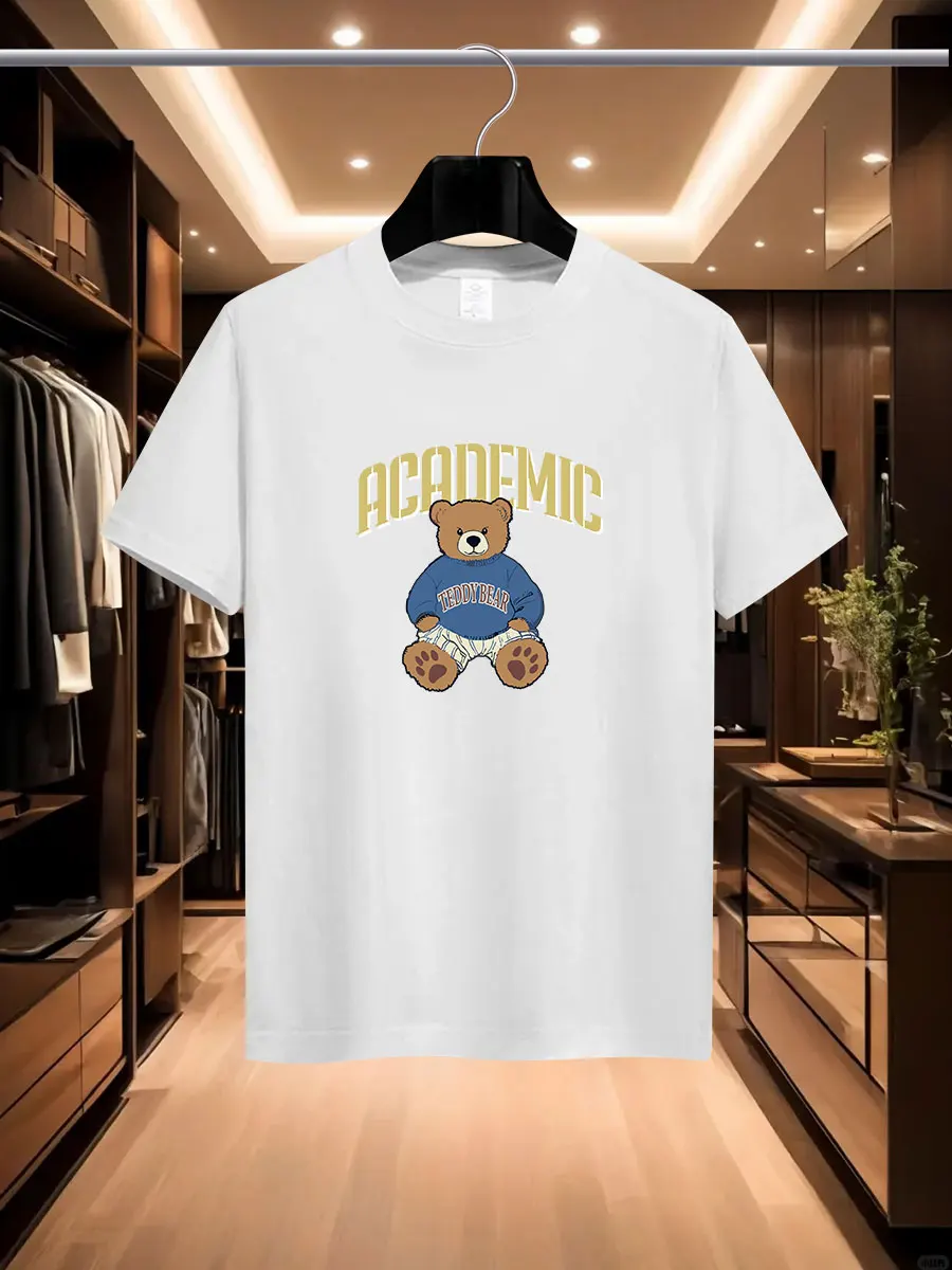 

2025 Summer Men's luxury fashion international brand cartoon bear Print T-shirt, pure cotton round neck, casual and trendy Y2K